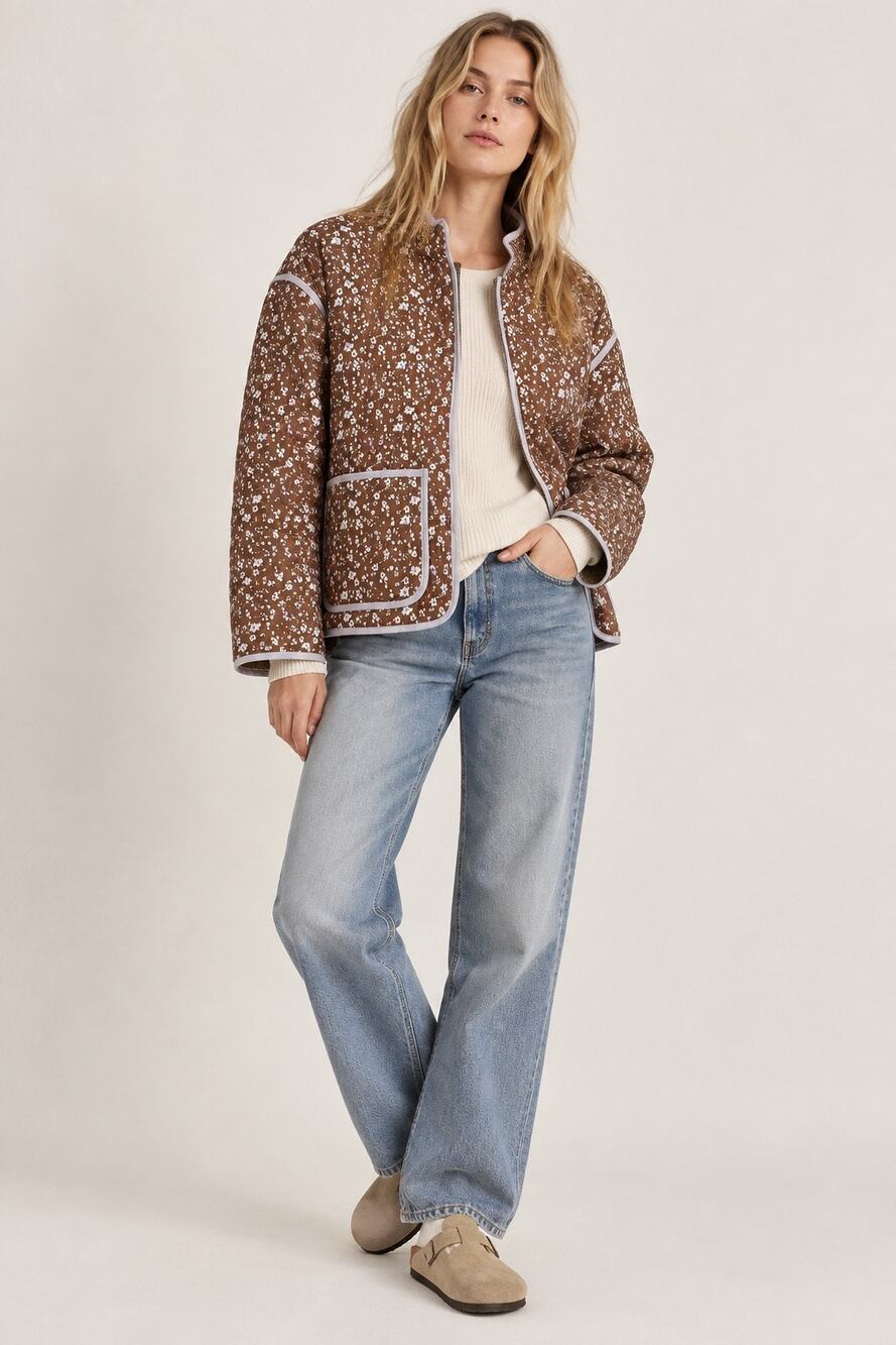 NWT Thread & Supply Floral Quilted Jacket Brown Lavender Size L